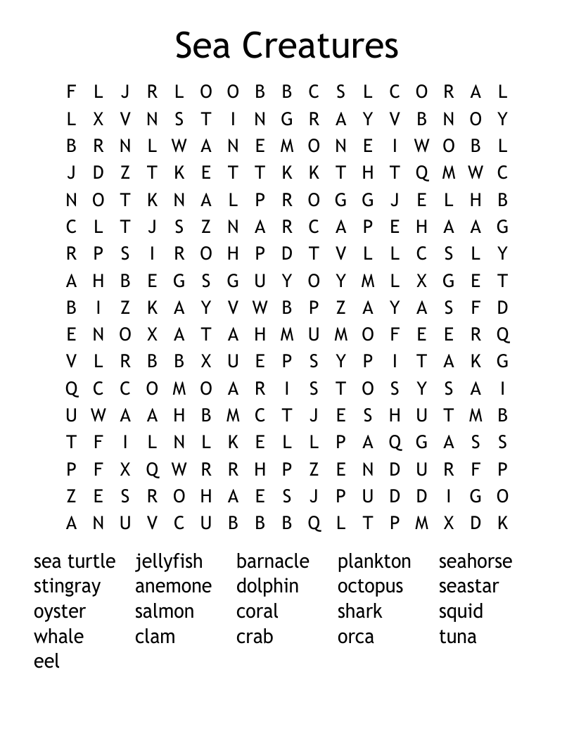 Sea Creatures Word Search