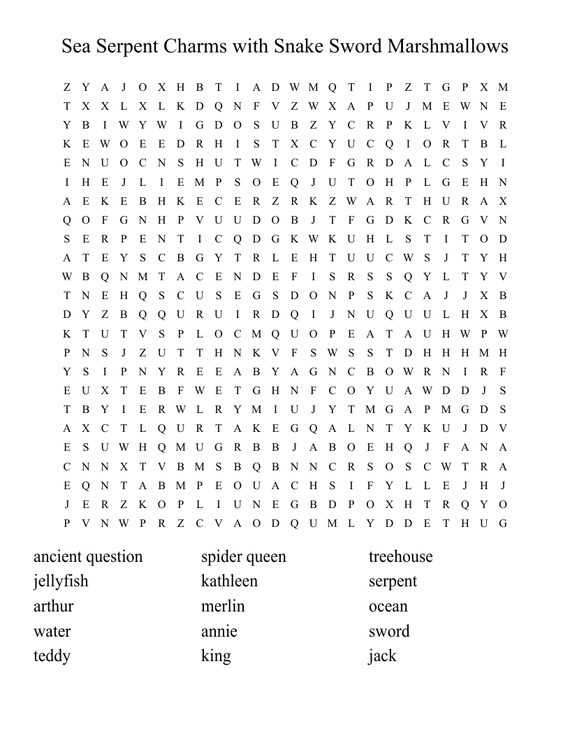 Sea Serpent Charms with Snake Sword Marshmallows  Word Search