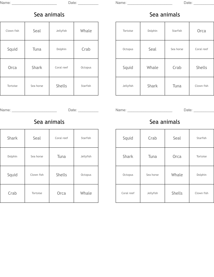 Sea animals Bingo Cards
