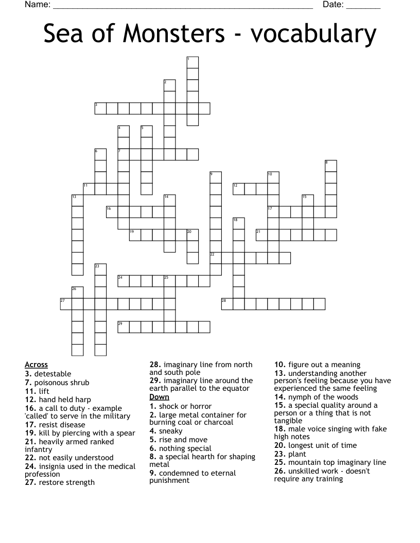 Sea of Monsters - vocabulary Crossword