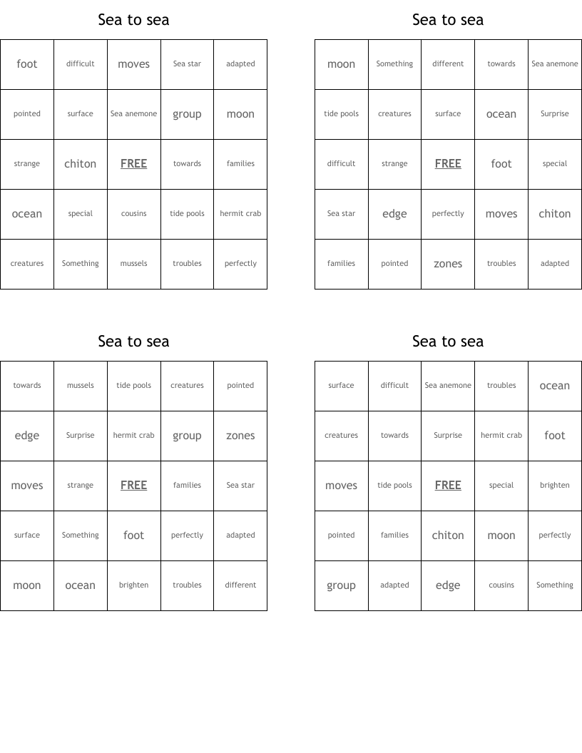 Sea to sea Bingo Cards