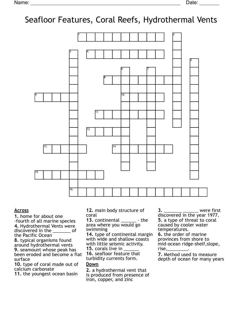 Seafloor Features, Coral Reefs, Hydrothermal Vents Crossword