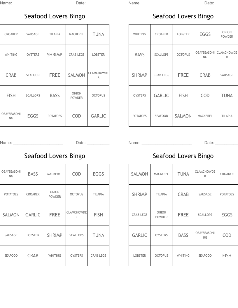 Seafood Lovers Bingo