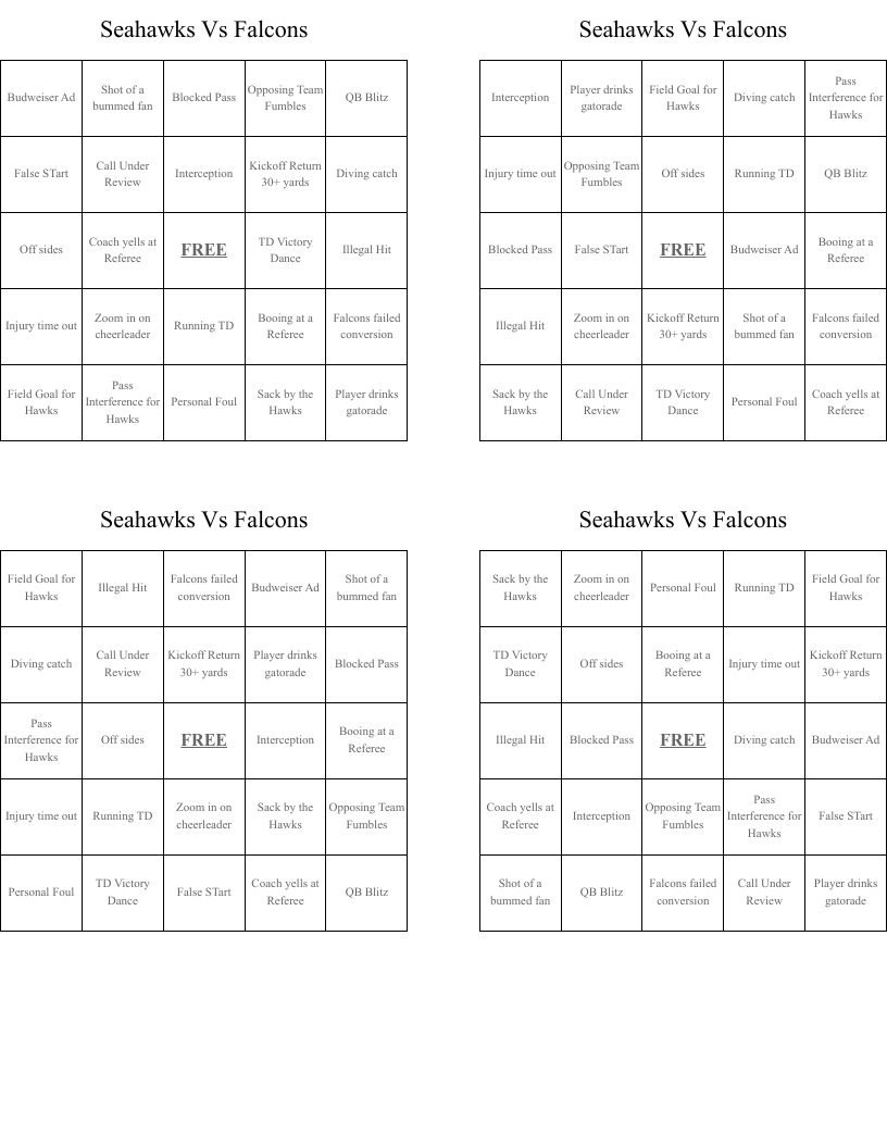 Seahawks Vs Falcons Bingo Cards