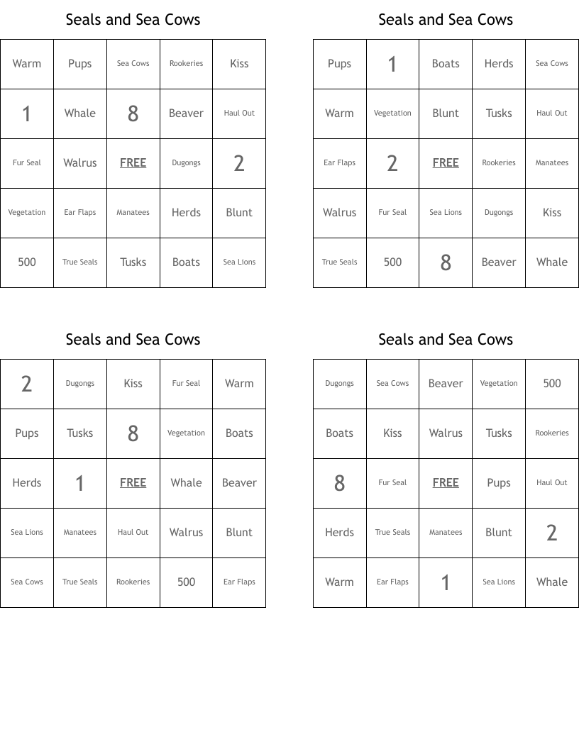 Seals and Sea Cows Bingo Cards