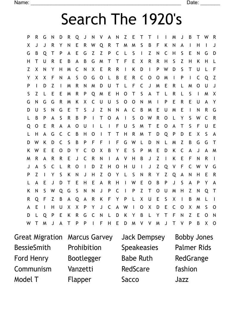 Search The 1920's Word Search