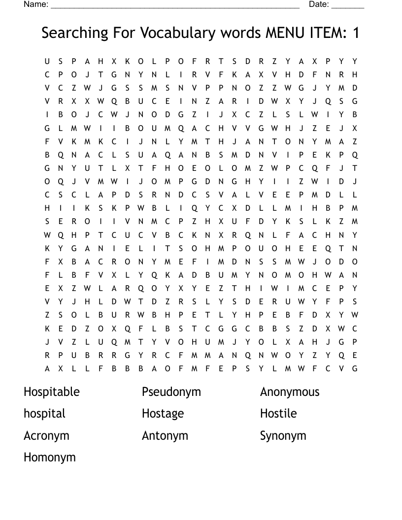 Searching For Vocabulary words MENU ITEM: 1 Word Search