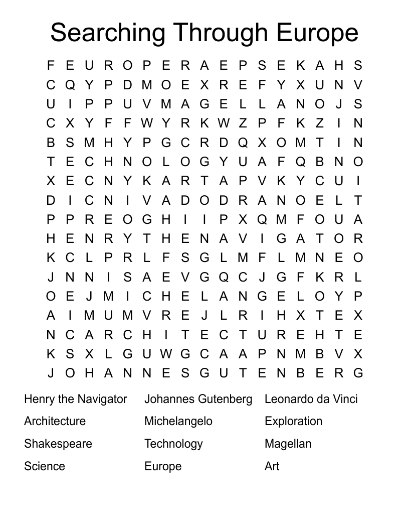 Searching Through Europe Word Search