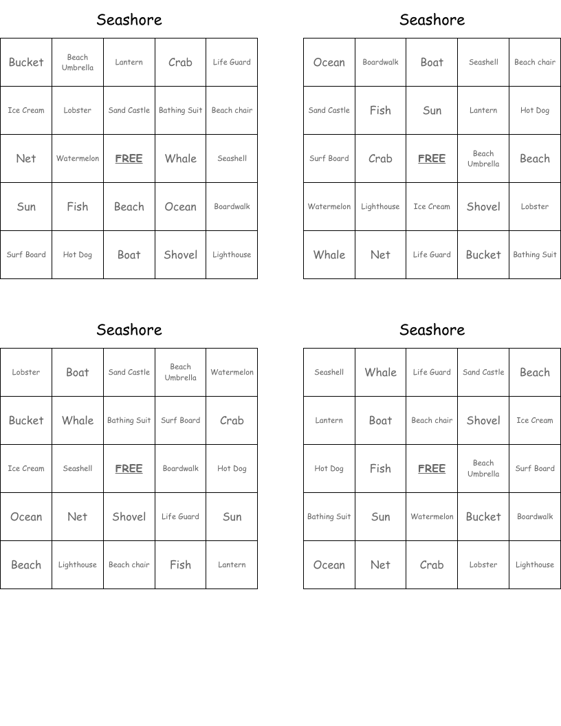 Seashore Bingo Cards