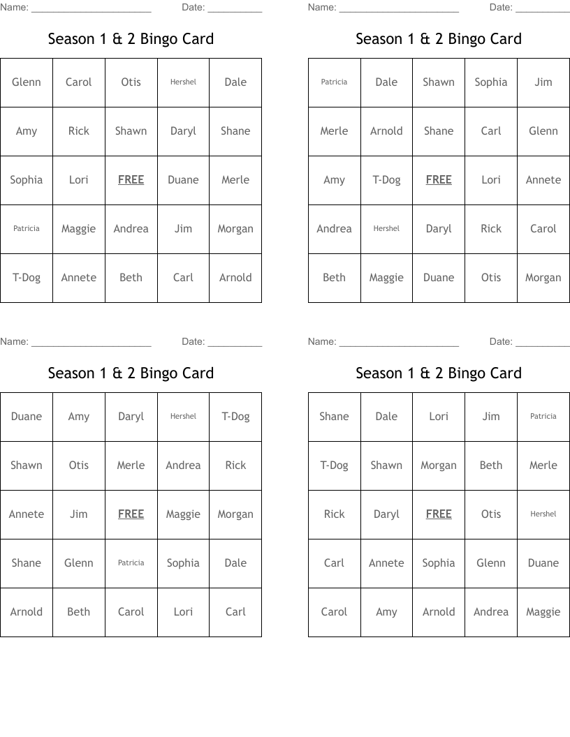 Season 1 &  2  Bingo Card