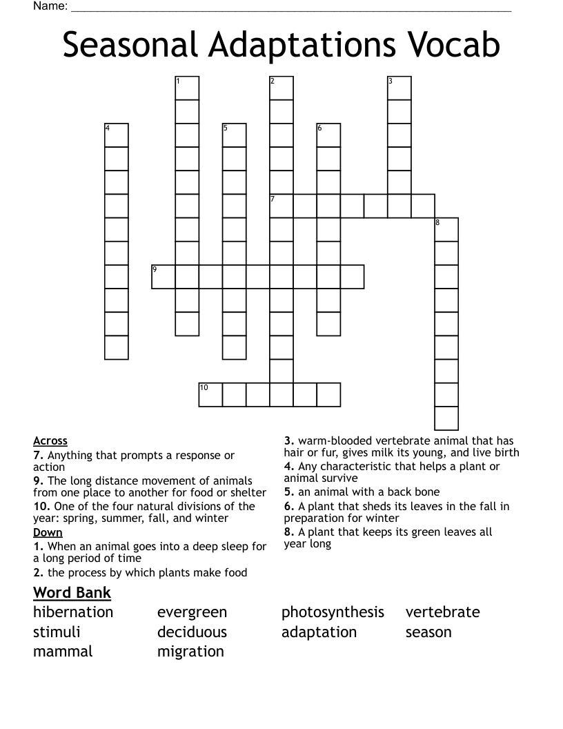 Seasonal Adaptations Vocab Crossword