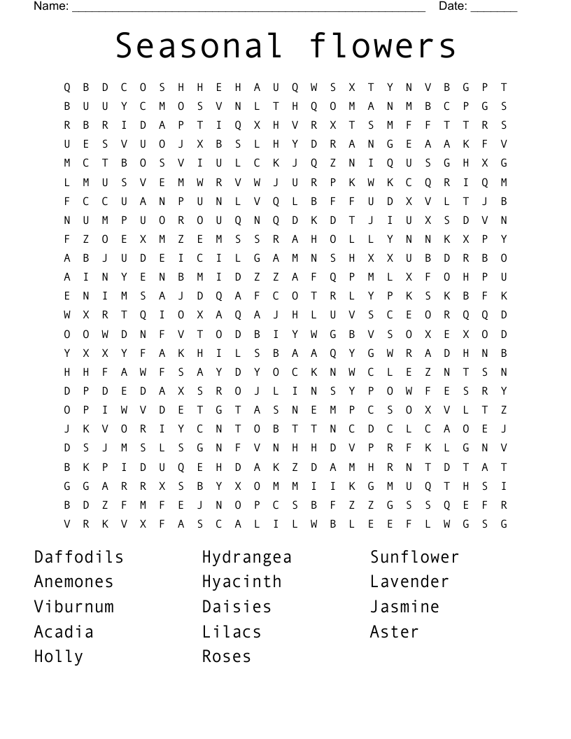 Seasonal flowers  Word Search