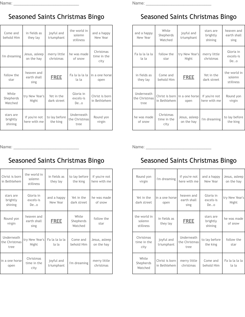 Seasoned Saints Christmas Bingo