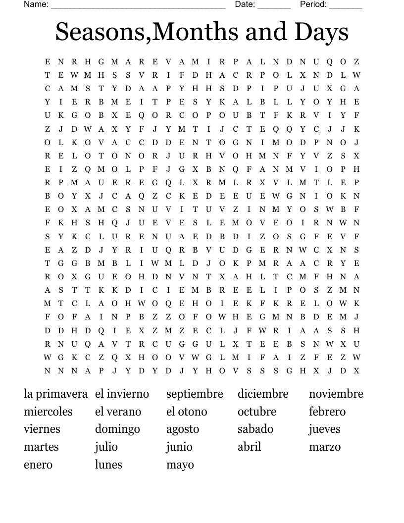 Seasons,Months and Days Word Search