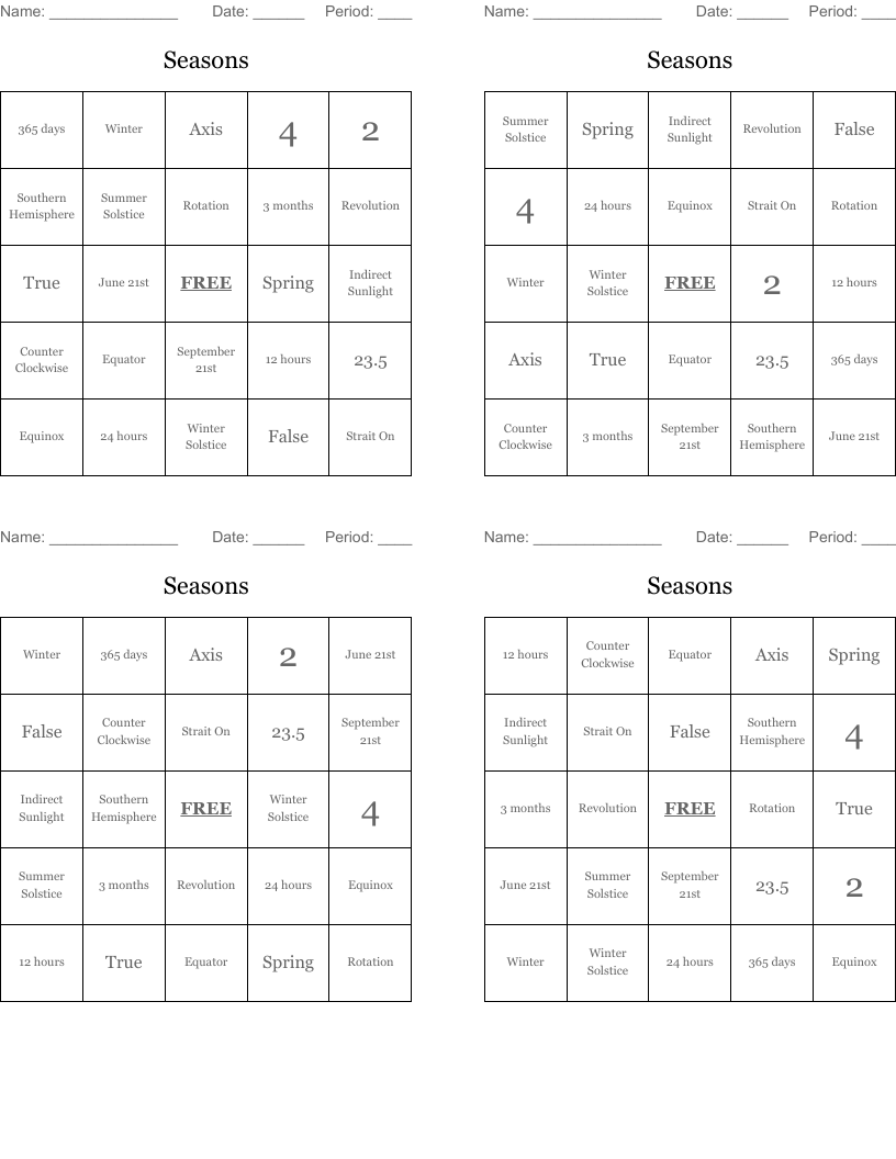 Seasons Bingo Cards