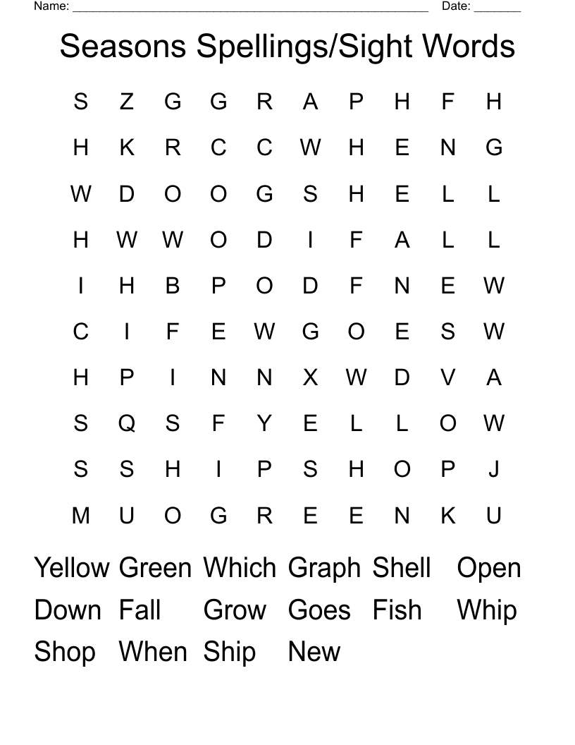 Seasons Spellings/Sight Words Word Search