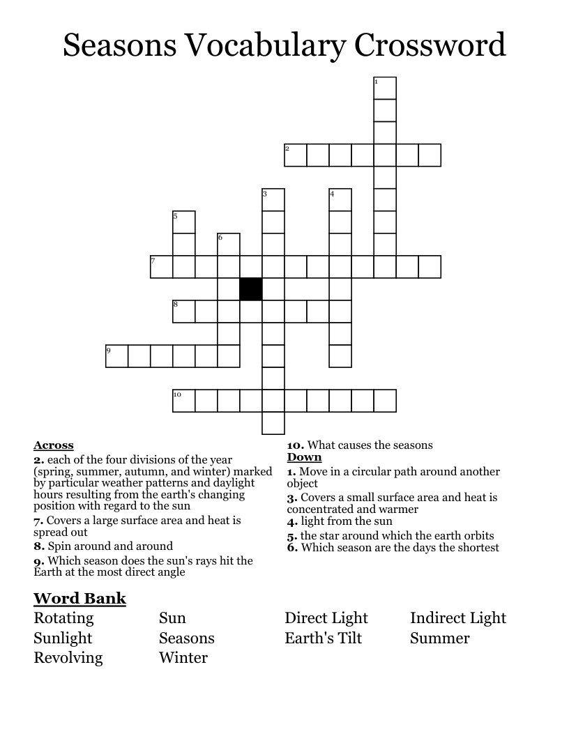 Seasons Vocabulary Crossword 