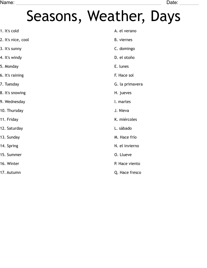 Seasons, Weather, Days  Worksheet