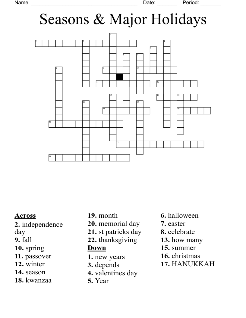 Seasons & Major Holidays  Crossword
