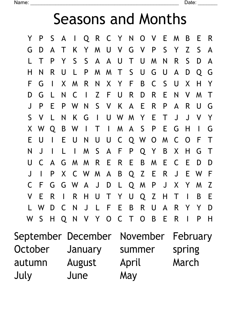 Seasons and Months Word Search