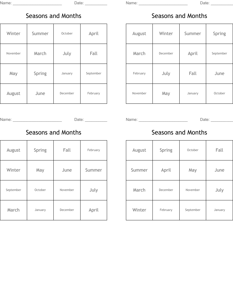 Seasons and Months Bingo Cards