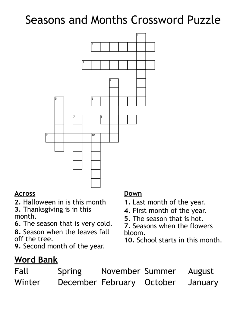 Seasons and Months Crossword Puzzle
