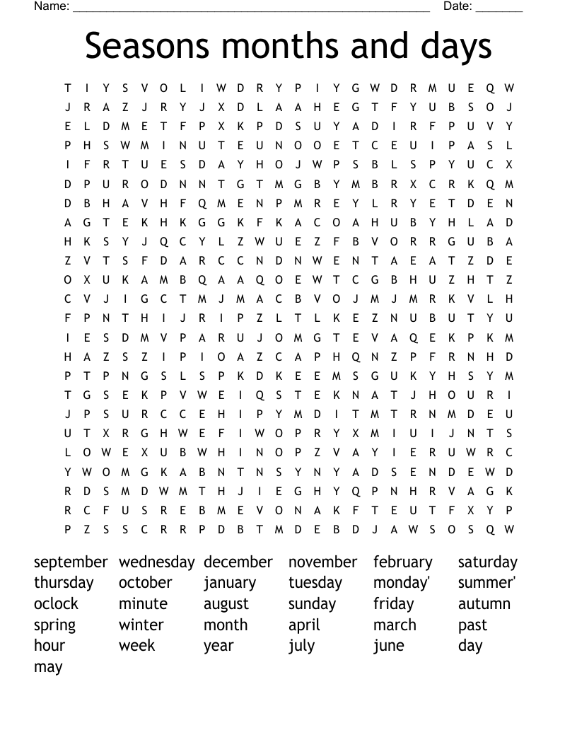 Seasons months and days  Word Search