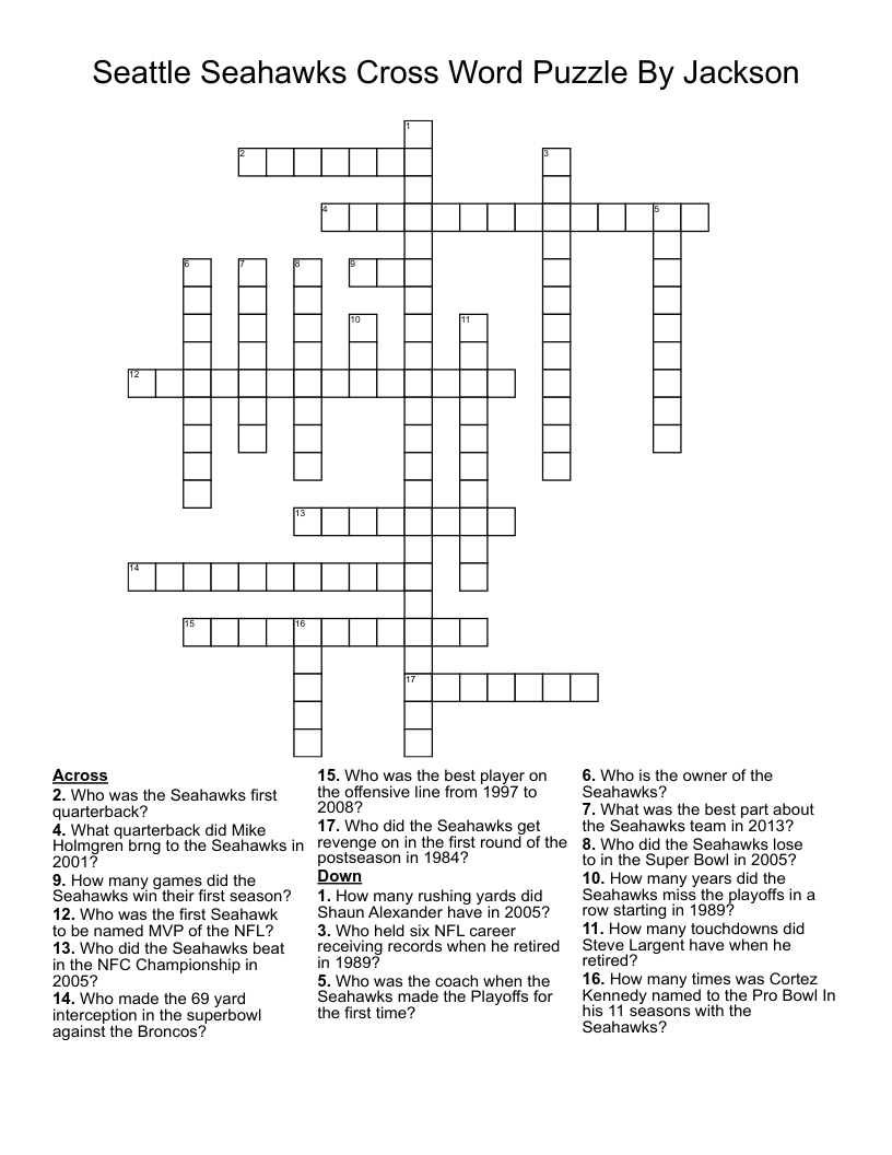 Seattle Seahawks Cross Word Puzzle By Jackson