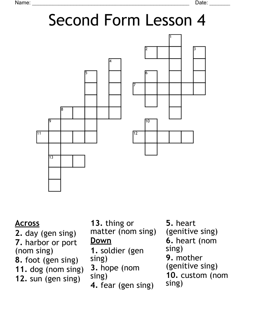 Second Form Lesson 4 Crossword