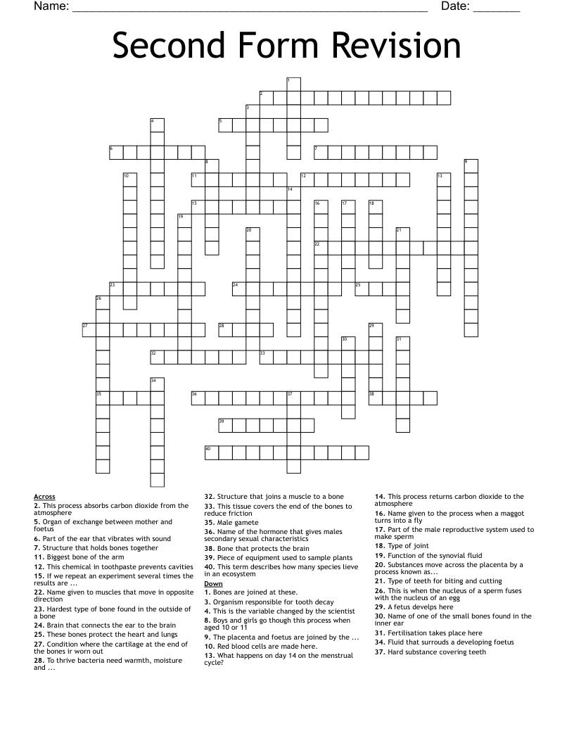 Second Form Revision Crossword