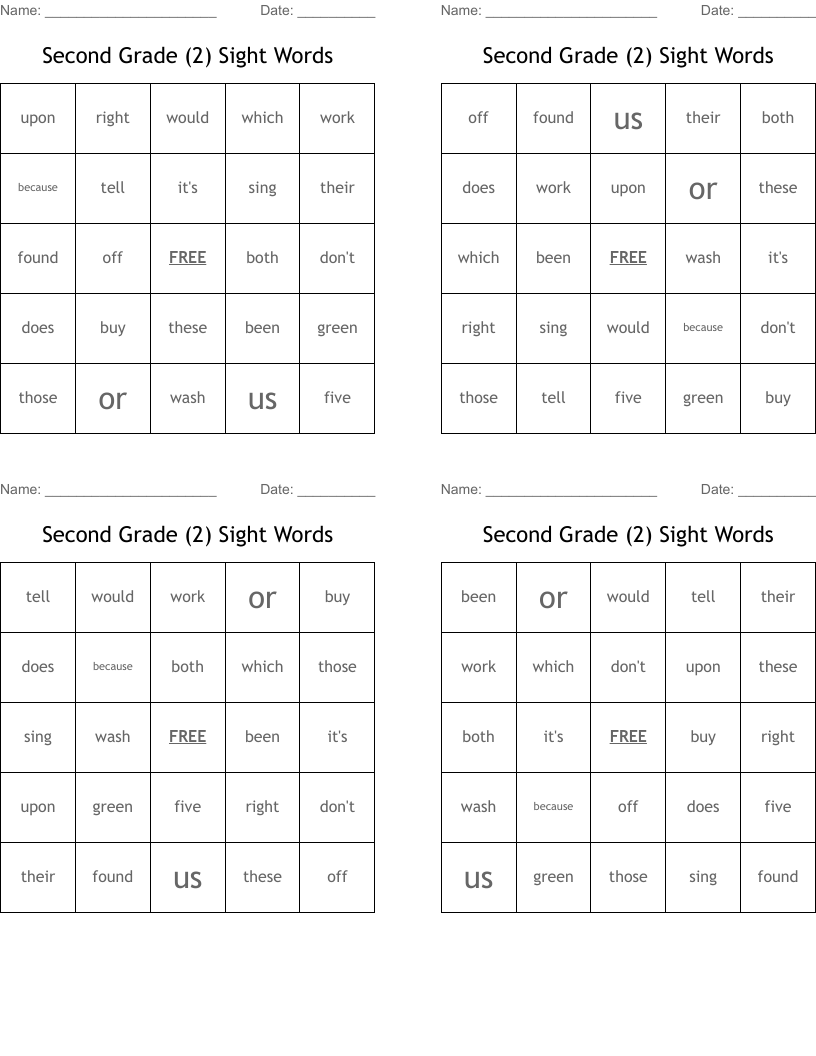 Second Grade (2) Sight Words Bingo Cards