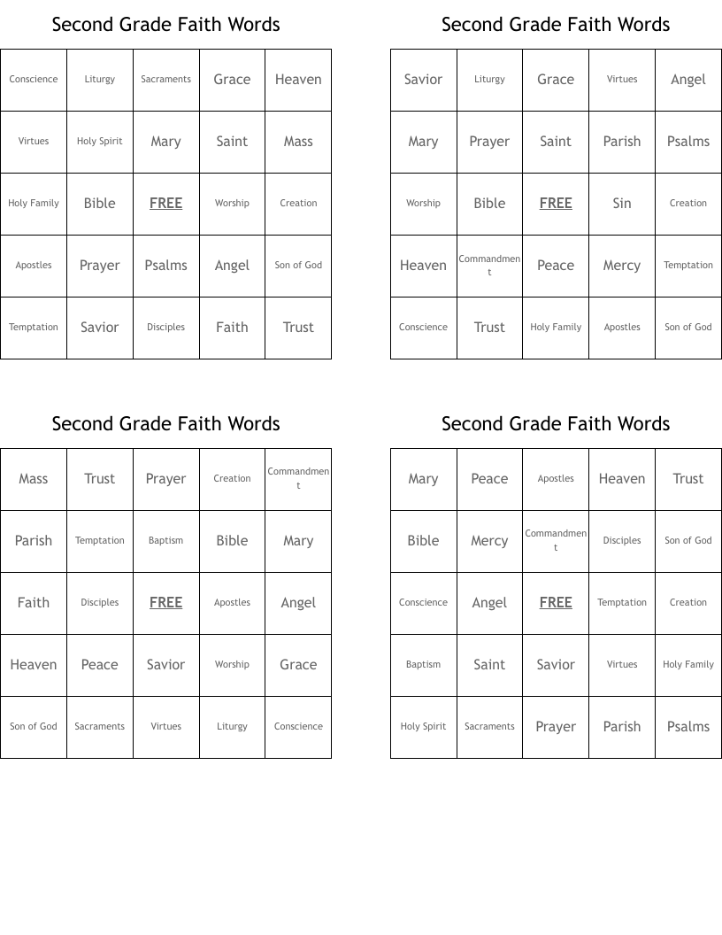 Second Grade Faith Words Bingo Cards