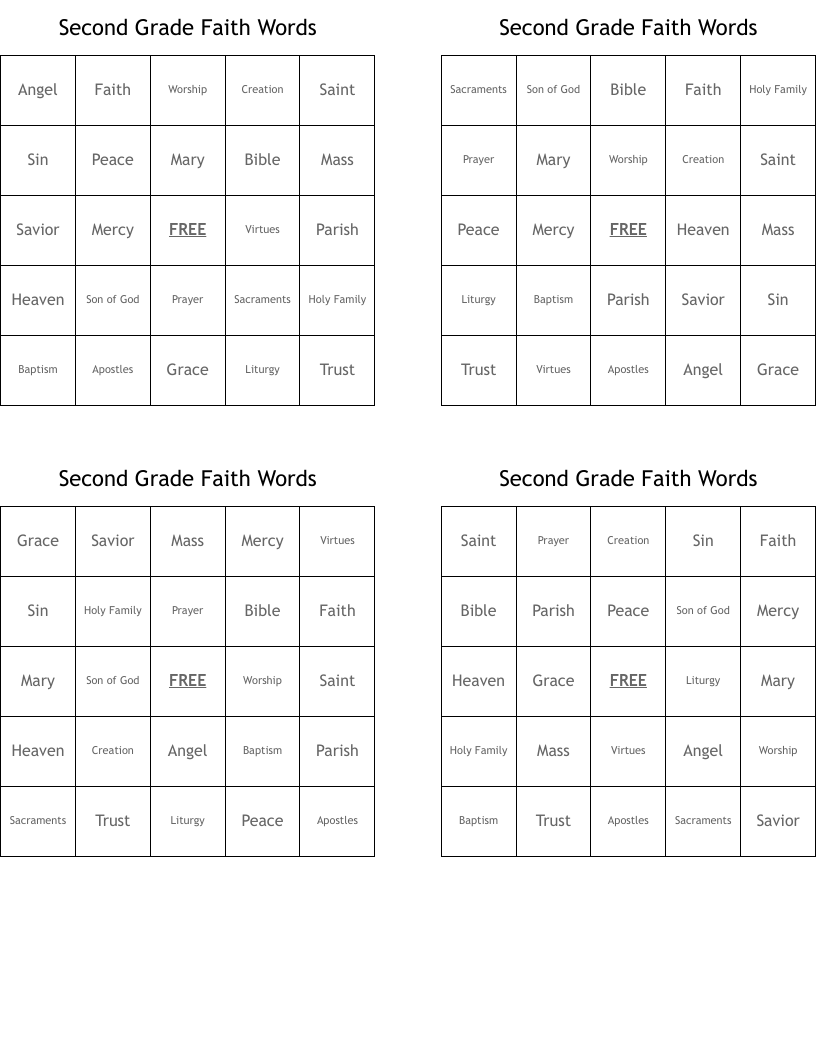 Second Grade Faith Words Bingo Cards