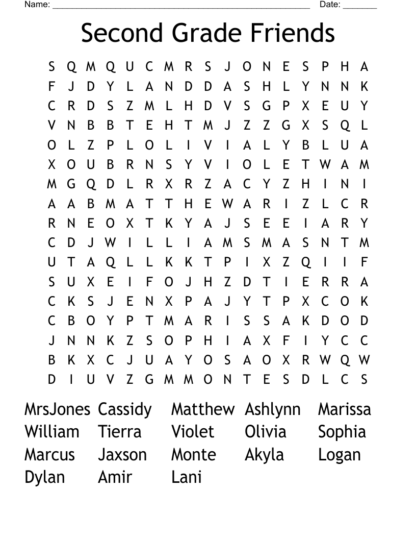 Second Grade Friends Word Search