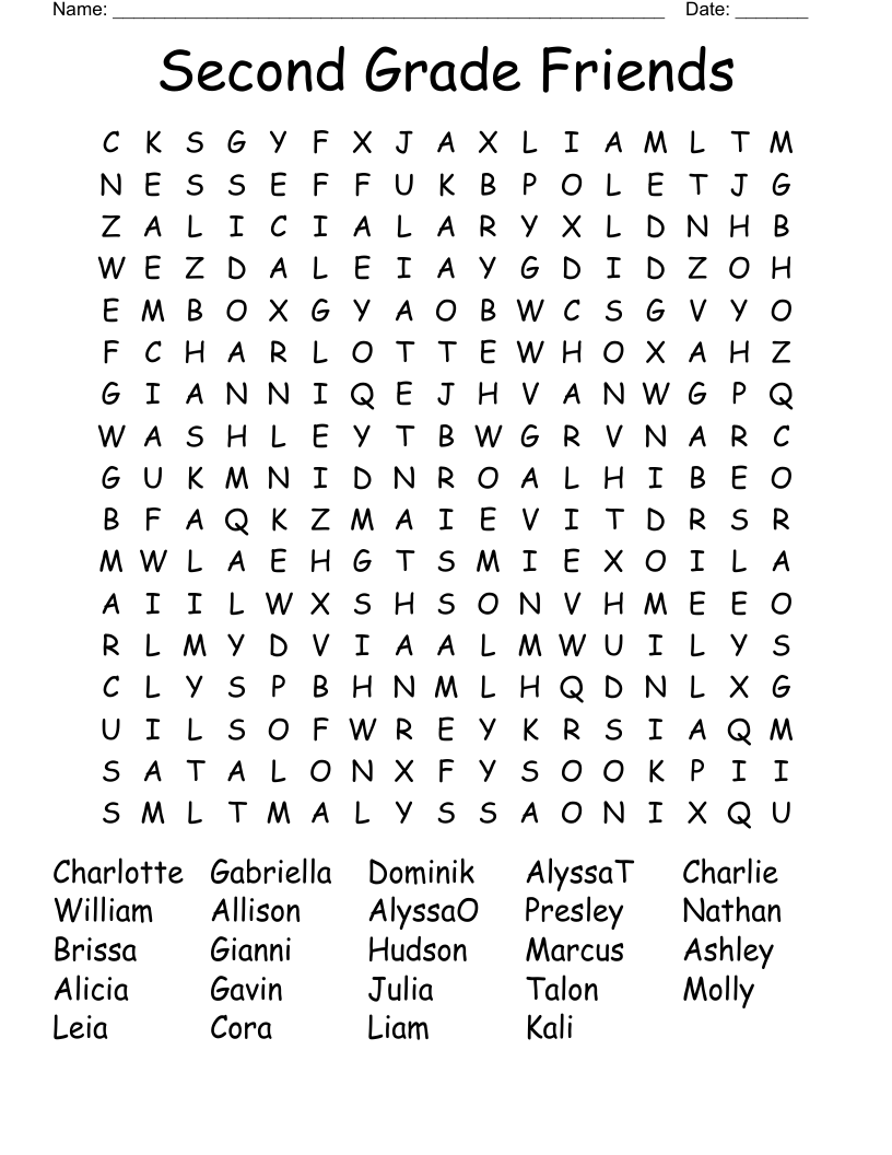 Second Grade Friends Word Search