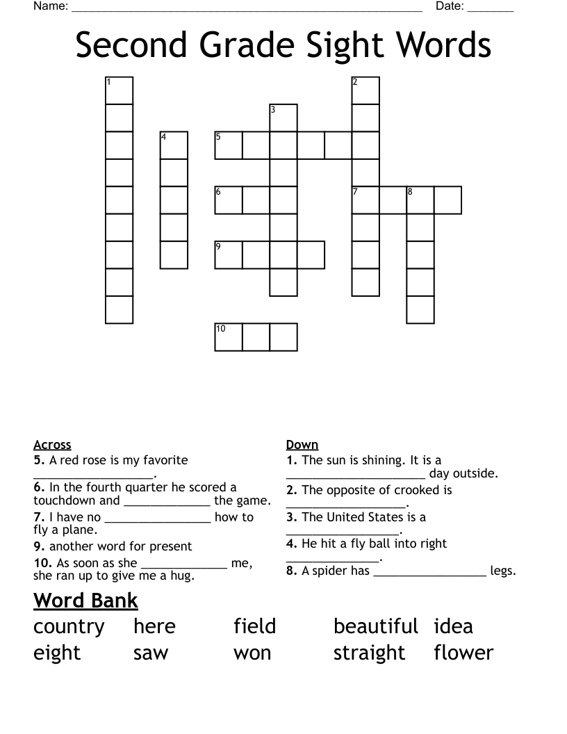 Second Grade Sight Words Crossword