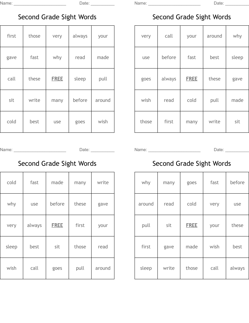 Second Grade Sight Words Bingo Cards