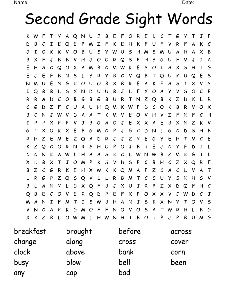 Second Grade Sight Words Word Search