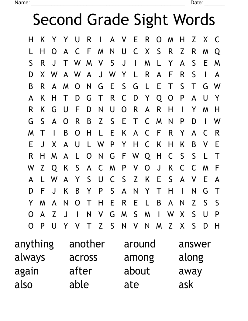 Second Grade Sight Words Word Search