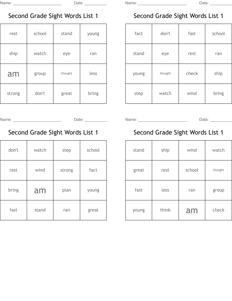 Second Grade Sight Words List 1 Bingo Cards