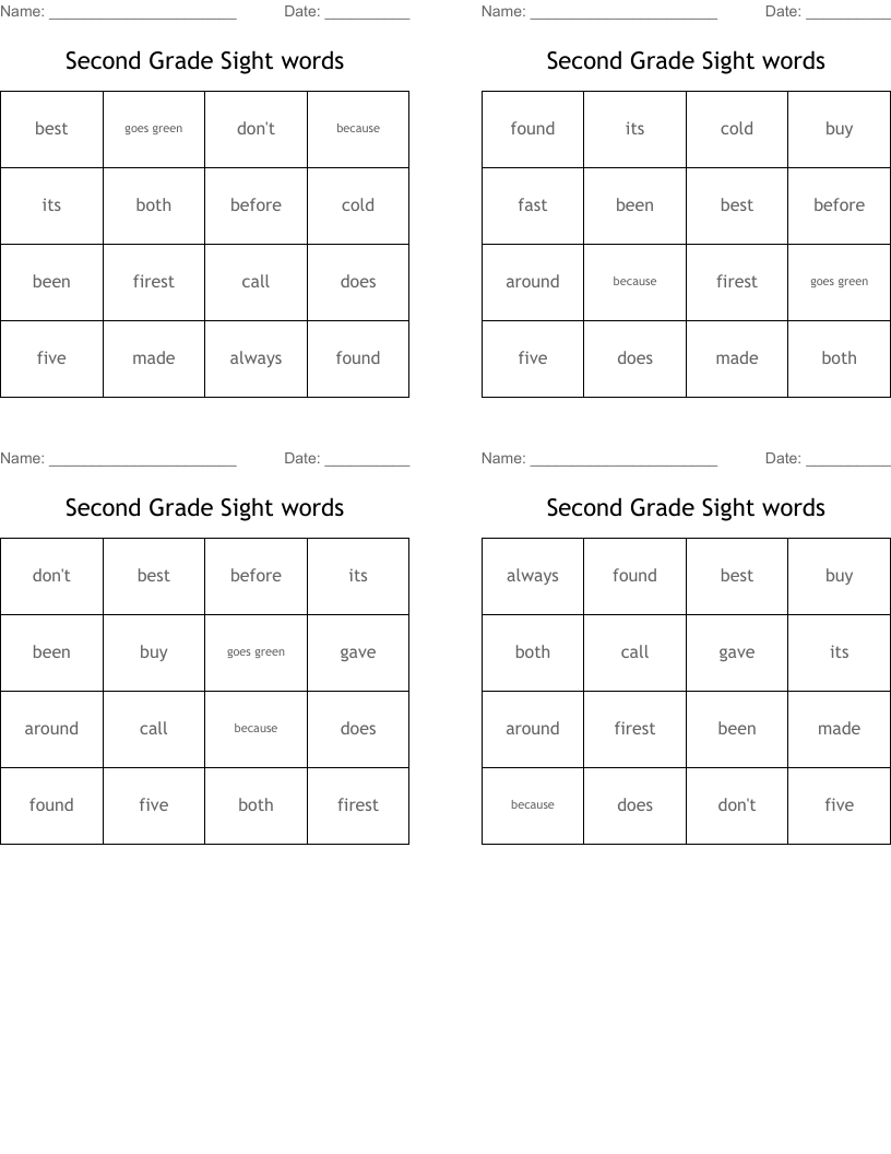 Second Grade Sight words Bingo Cards