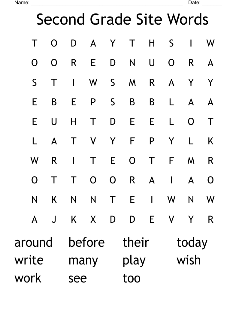 Second Grade Site Words Word Search
