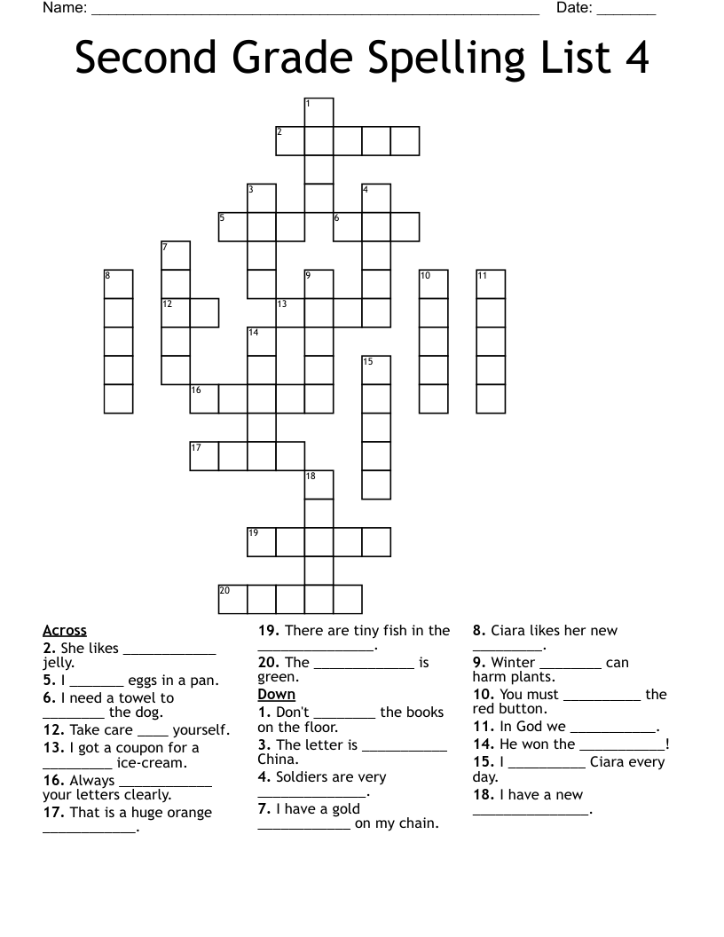 Second Grade Spelling List 4 Crossword