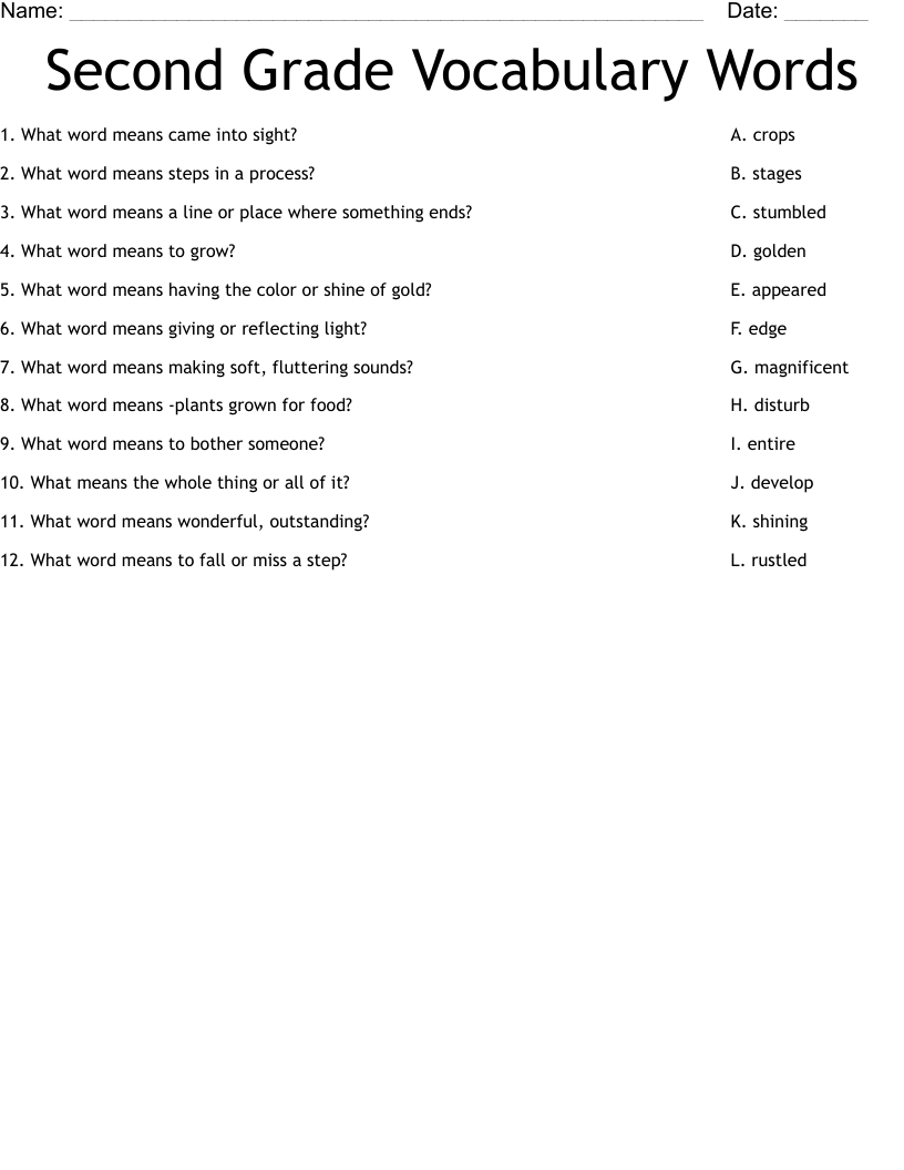 Second Grade Vocabulary Words Worksheet