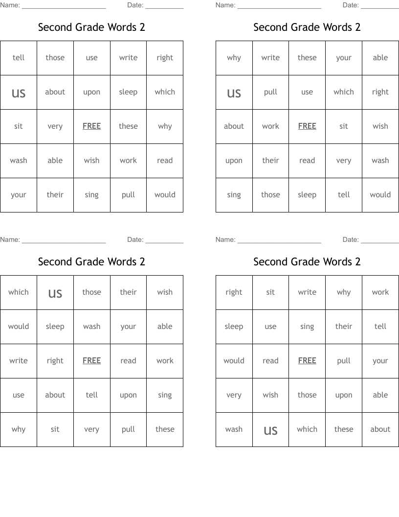 Second Grade Words  2 Bingo Cards
