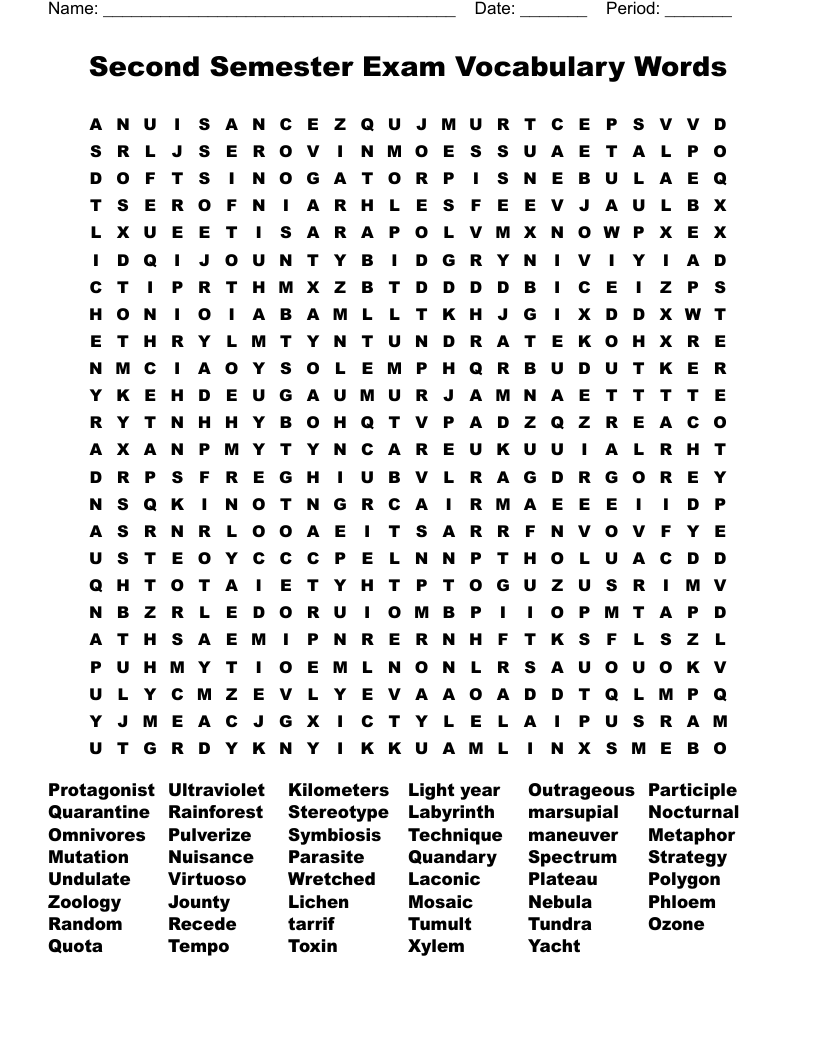 Second Semester Exam Vocabulary Words  Word Search