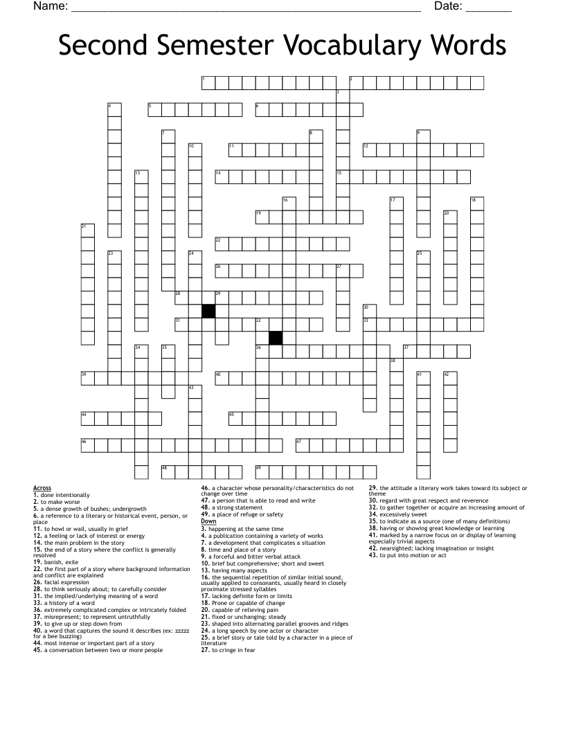 Second Semester Vocabulary Words Crossword