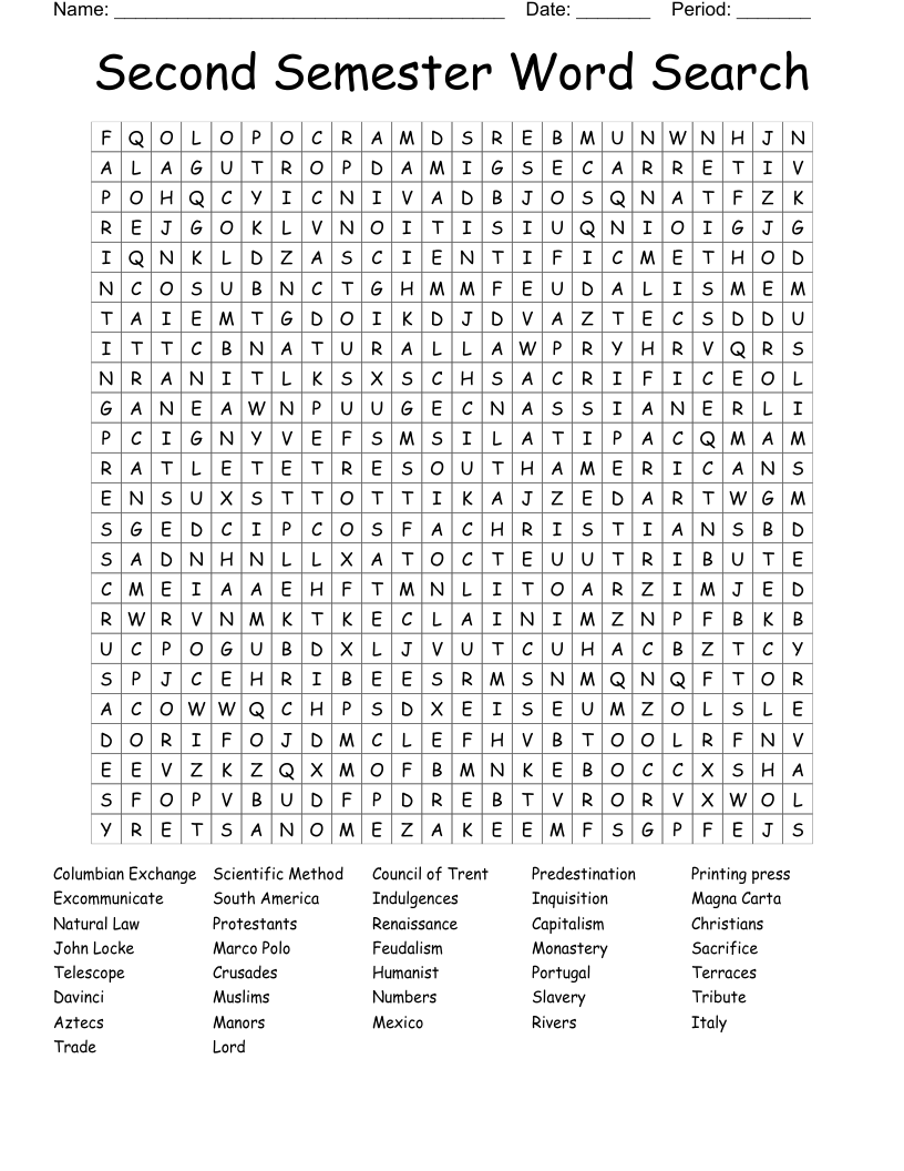 Second Semester Word Search