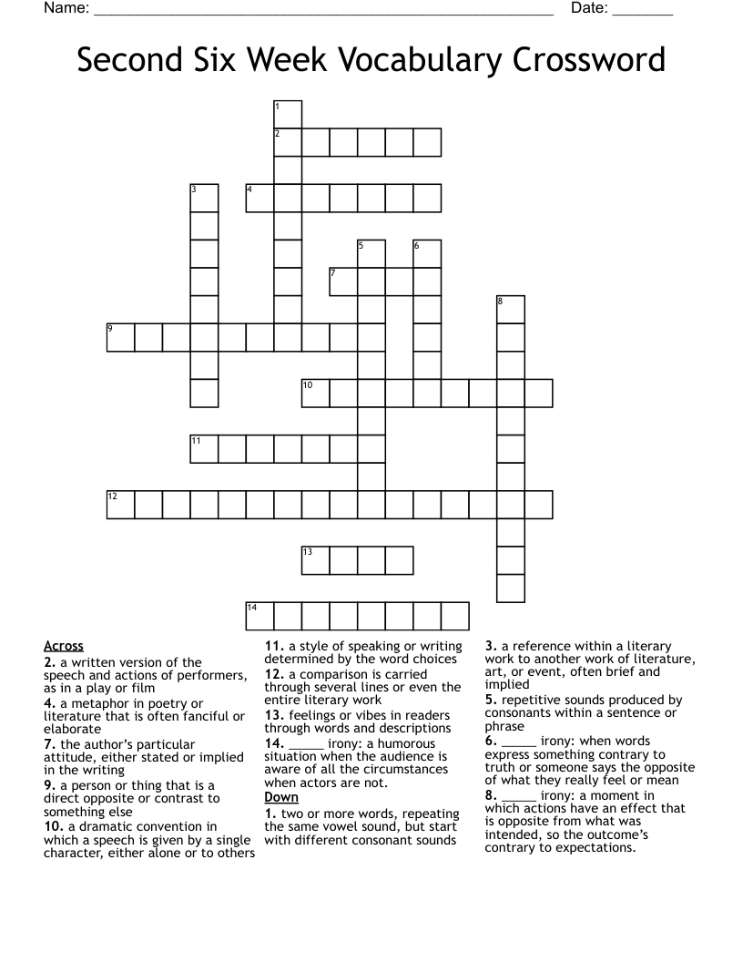 Second Six Week Vocabulary Crossword