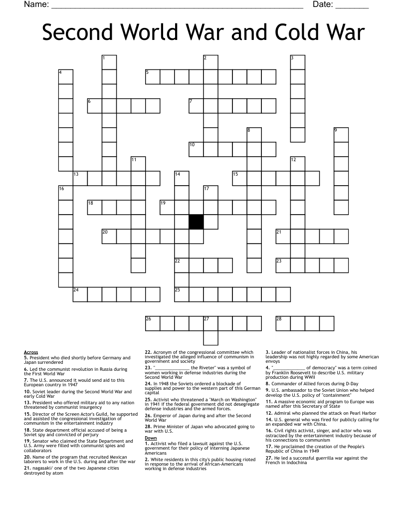 Second World War and Cold War Crossword